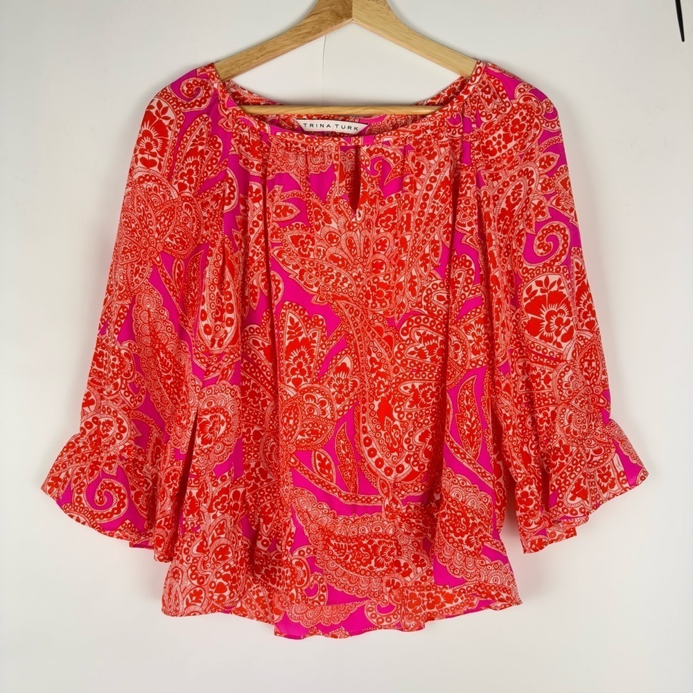 Trina Turk Orange And Pink Silk Keyhole Blouse - Picture 1 of 5
